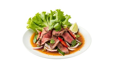 Thai beef salad with herbs, lime, and chili on a white plate.