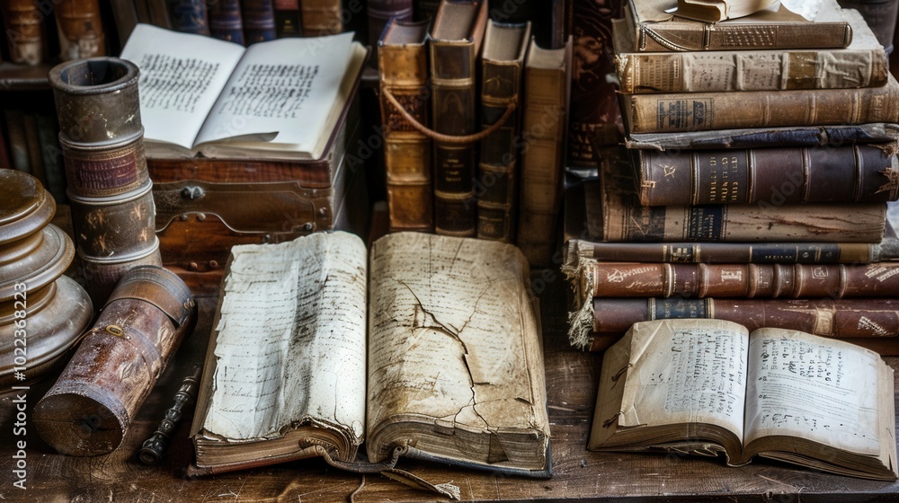 Fototapete A collection of ancient books and scrolls rests on a rustic wooden table, showcasing historical artifacts from a distant past. Generative AI