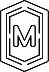 Simple, bold, line art icon of the letter m enclosed in a triple hexagon