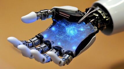 A closeup view of a robotic hand with intricate circuitry and futuristic aesthetics, emitting a soft blue glow that highlights its advanced capabilities in the field of science and technology.