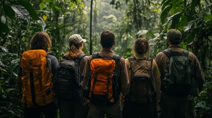 Group of explorers, standing in a tight circle, the jungle's edge towering before them, their faces set with resolve as they prepare for the unknown adventure