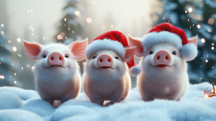 Three cute pigs wearing Santa hats playfully pose in the snow, surrounded by a magical winter...