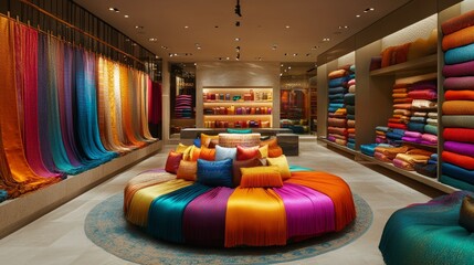 High-end boutique with a central display of colorful scarves, arranged in a perfect circle, vibrant hues and silky textures highlighted by ambient lighting