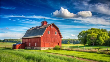 Obraz premium A bright red barn stands proudly on a green meadow, with a clear blue sky adorned with wispy clouds above, casting a gentle shadow on the rustic structure.
