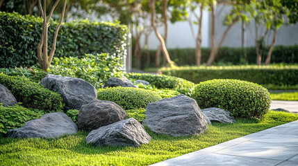The rock garden has green shrubs, grass and large rocks.