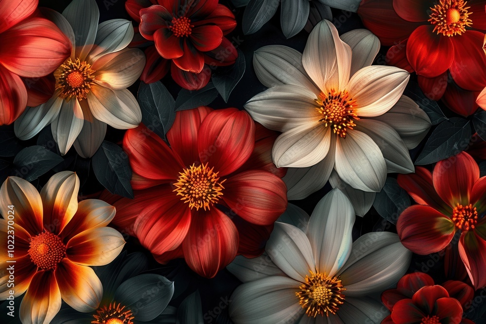 Aufkleber a captivating collection of large, bright flowers in various colors set against a rich black backgro