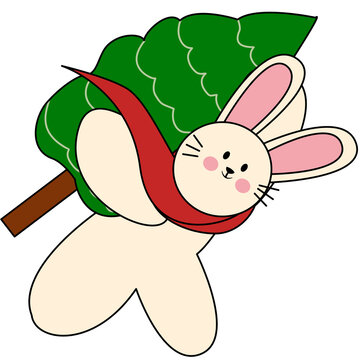 bunny wearing red scarf with christmas tree clip art preview