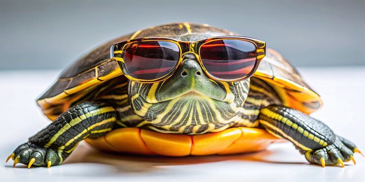 A turtle sporting stylish sunglasses, basking in the sun, showcasing its cool demeanor and enjoying a leisurely day.