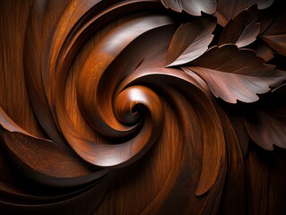 Close-up of a spiral wood carving with leaf details.