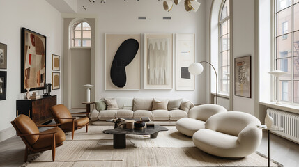 interior design Living room with a gallery wall of modern art, minimalist furniture, and an oversized floor lamp, adding a sense of style and sophistication