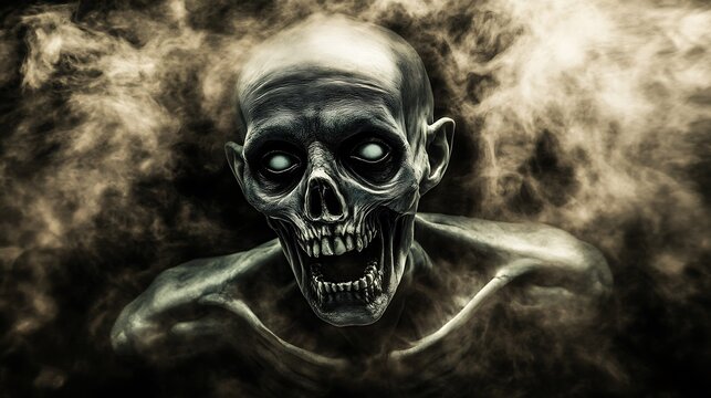 In this unnerving image, a photorealistic portrait of a scary dead ghost is captured in midscream, its eyes devoid of life and fixed on the camera in a hauntingly intense stare