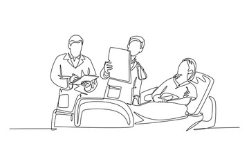 Continuous one line drawing male doctor showing positive health progress report to female patient who laying at bed. Medical care treatment concept. Single line draw design vector graphic illustration