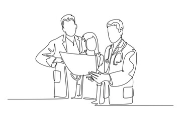 Continuous one line drawing group of team doctor discussing and diagnosing patient x-ray photo result at hospital. Medical health care services concept. Single line design vector graphic illustration
