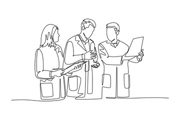 Continuous one line drawing group of doctor diagnosing patient illness while discussing his x-ray photo result. Medical health care service concept. Single line draw design vector graphic illustration