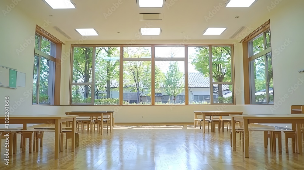Poster bright and spacious classroom with wooden tables, large windows, and trees outside, creating a welco