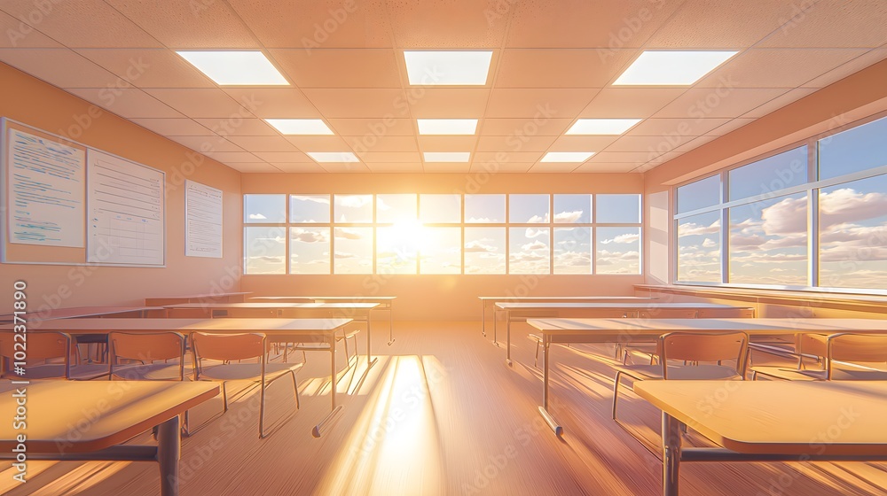 Poster a bright and serene classroom bathed in sunlight, featuring rows of empty desks and large windows sh