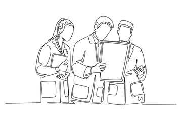 Continuous one line drawing group of male and female doctors discussing patient health condition while reading the medical report. Medical checkup. Single line draw design vector graphic illustration