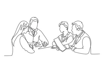 Continuous one line drawing group of doctor diagnosing illness while reading patient medical record at meeting room. Hospital health care teamwork. Single line draw design vector graphic illustration