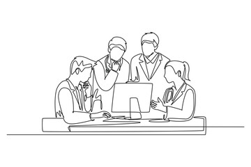 Single continuous line drawing group of male and female doctor discus while watching medical record patient on computer. Hospital health care concept. One line draw graphic design vector illustration