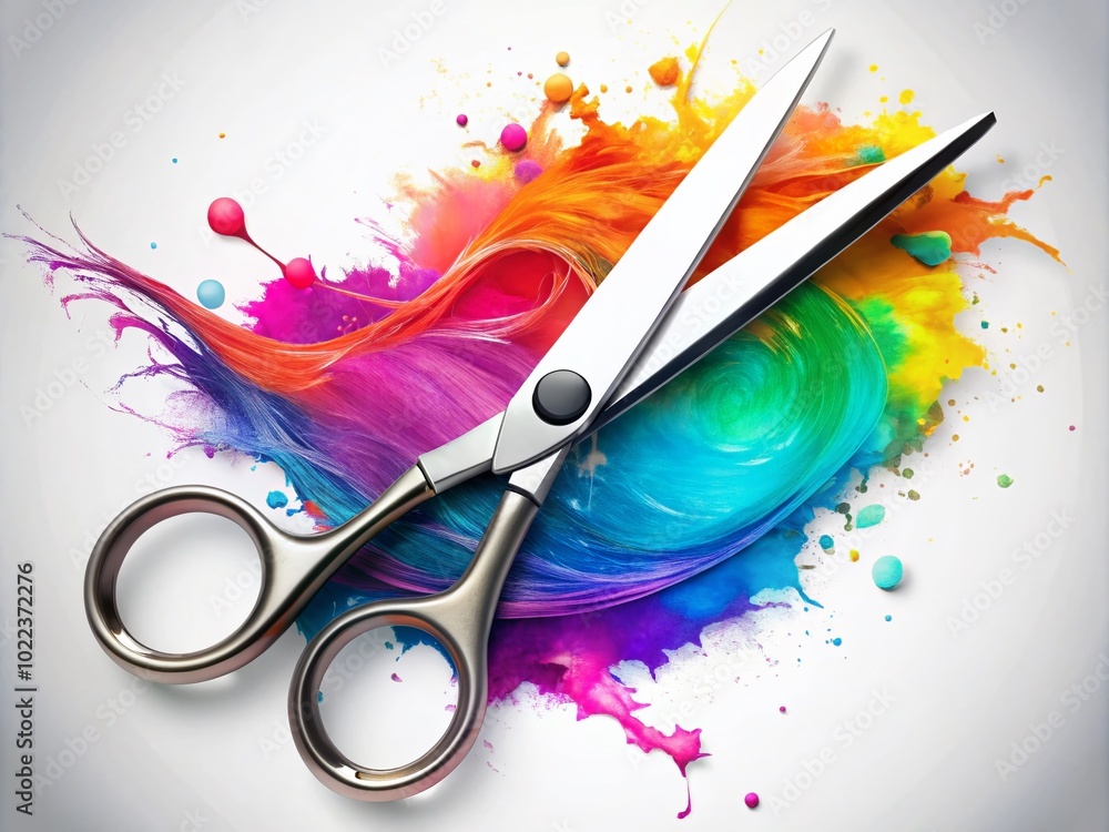 Poster abstract scissors design with colorful stains - modern art for creative projects