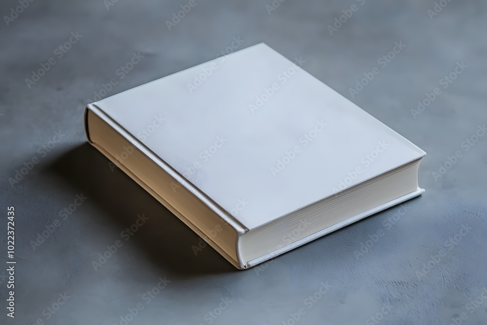 Poster a plain, closed book resting on a textured surface, featuring a minimalist design and a neutral colo
