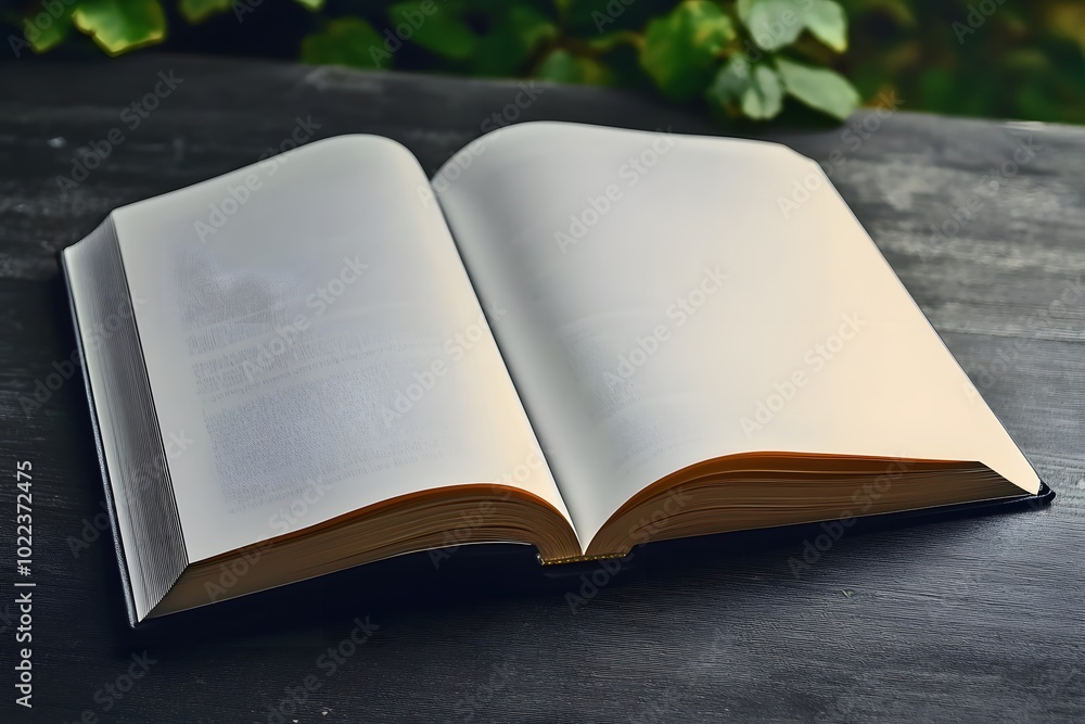 Poster an open book rests on a textured surface, surrounded by greenery, inviting creativity and contemplat