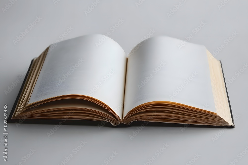 Poster an open book with blank pages, showcasing its elegant binding and golden edges, inviting creativity 