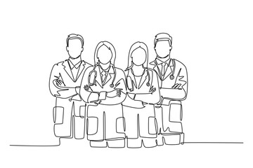 Single continuous line drawing group of male and female doctor line up to celebrate their successful surgery operation. Team work services healthcare. One line draw graphic design vector illustration