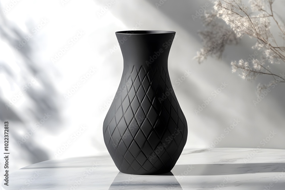 Poster a sleek black vase with a textured diamond pattern, set against soft lighting, creating an elegant a