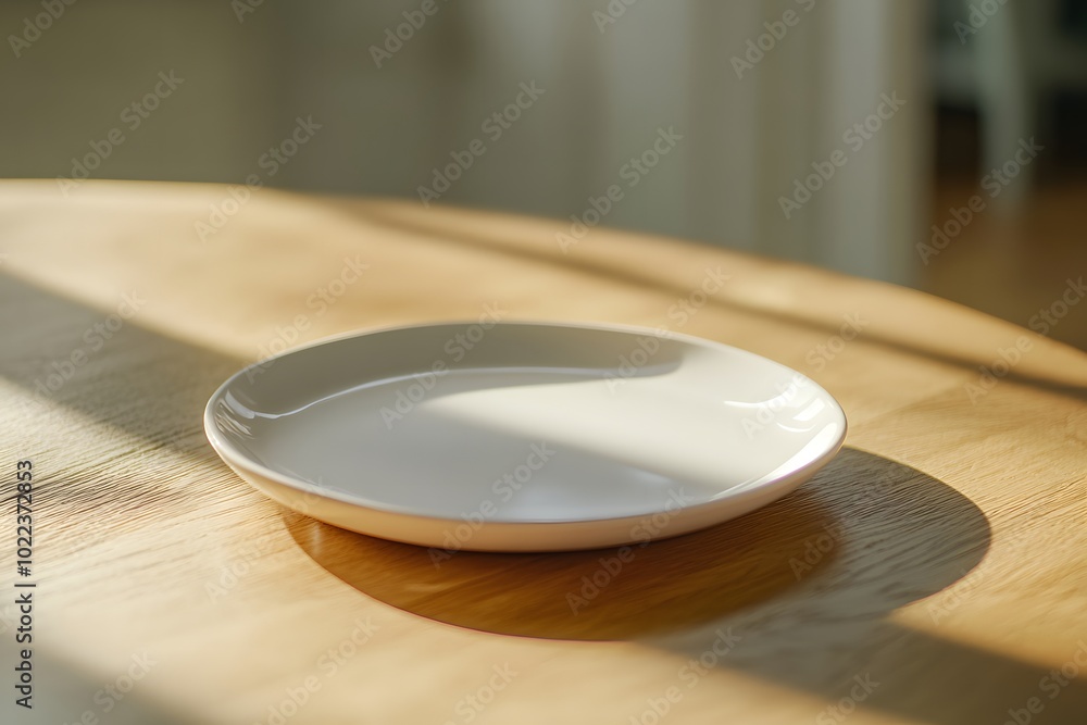 Poster a simple white plate rests on a wooden table, illuminated by soft sunlight, creating gentle shadows 