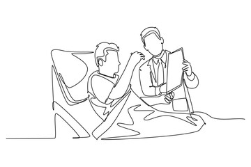 Single one line drawing male doctor discuss positive health progress with old cancer patient who laying on hospital bed. Medical care services. Continuous line draw design graphic vector illustration