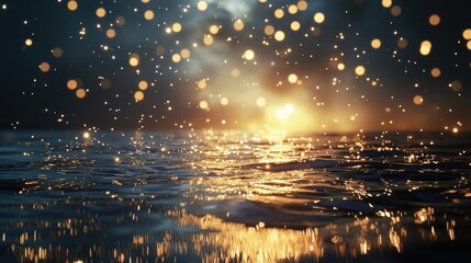 A photograph of sparkling water with lights in the background, featuring an underwater perspective and a starry sky. The camera captures the reflection