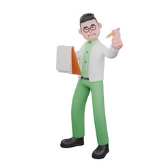 3D Ecology Character. A male biologist stands holding a clipboard in his left hand and a pencil in his right hand. Male Biologist Illustration