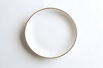 A simple, elegant white plate with a thin gold rim, placed on a neutral background, highlighting its minimalistic design and aesthetic appeal.