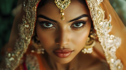 A close-up portrait of a woman with striking features, adorned in traditional attire and jewelry, exuding elegance and grace.