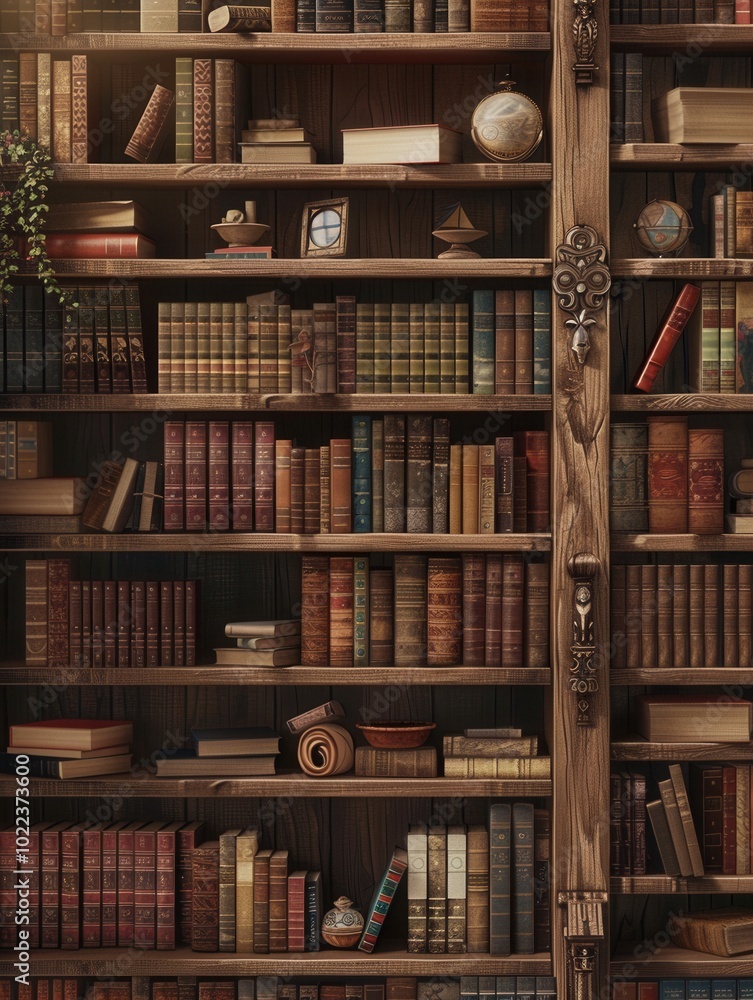 Aufkleber the wooden shelves are overflowing with textbooks and academic literature, creating a warm and invit