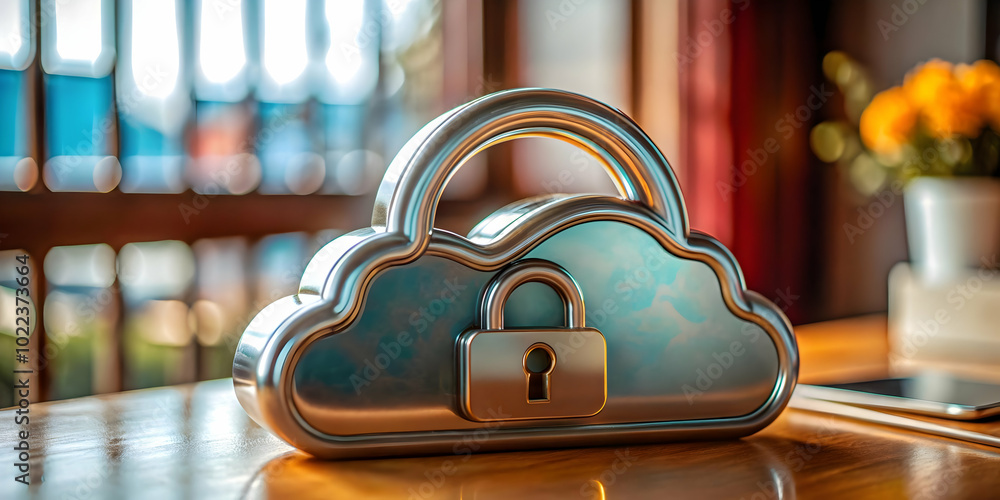 Poster glossy cloud icon with lock and key representing security competence in cloud development - premium 