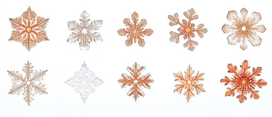 orange snow flakes in different shape. orange snow flakes on white background. 