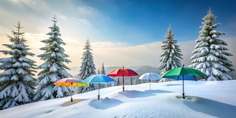 A vibrant display of colorful umbrellas planted amidst a snowy landscape, creating a whimsical contrast against the towering snow-laden evergreen trees and the bright blue sky.