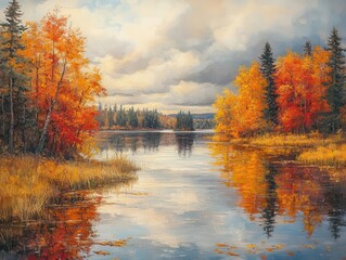 Obraz premium serene autumn landscape featuring a tranquil lake surrounded by vibrant fall foliage, with soft reflections in the water and a peaceful atmosphere capturing the essence of nature's beauty