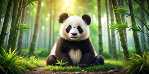 Obraz premium Adorable Little Panda Sitting in a Lush Green Bamboo Forest with Copy Space for Text