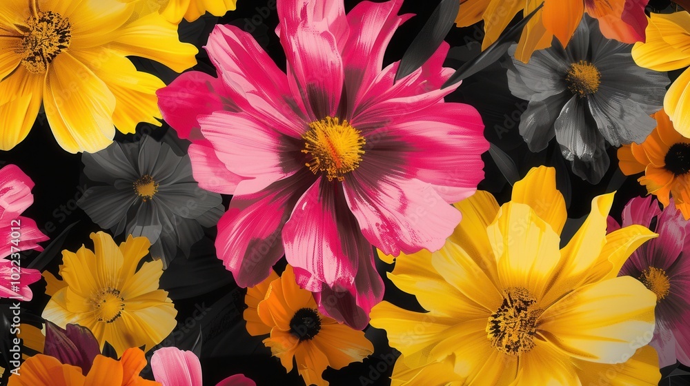 Poster bright and colorful flowers showcase a vibrant mix of yellow and pink against a deep black backdrop,