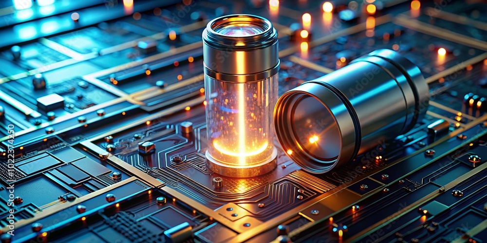 Poster advanced technology concept: glowing cylinder on circuit board | generative ai innovation