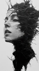 Surreal Black and White Portrait of a Woman with Abstract Hair