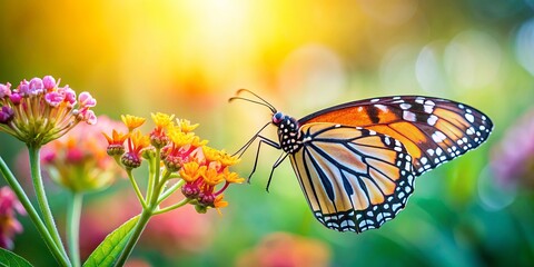 Fototapeta premium A Vibrant Butterfly with Intricate Wing Patterns Feeding on a Cluster of Delicate Yellow Flowers in a Softly Lit Garden Setting