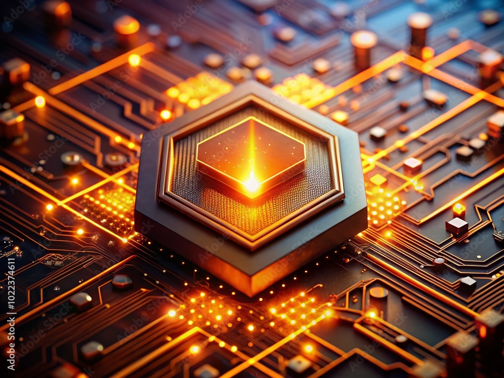 Poster Aerial Photography of a Glowing Hexagonal CPU Chip on Circuit Board with Bokeh Effect
