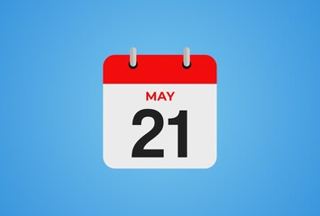 Icon calendar day. 21 May. 21th days of the month, illustration style. Date day of week Sunday, Monday, Tuesday, Wednesday, Thursday, Friday, Saturday. 