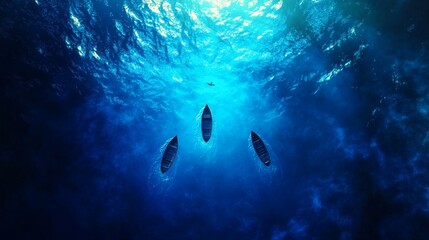 Obraz premium Sky-bound boats gliding under a suspended ocean, birds swim in the air, creating ripples, surrealist 3D rendering, ethereal mist and cool blues