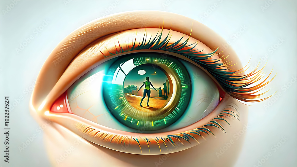 Poster close up of eye reflecting virtual fitness display with holographic workout stats, macro image symbo
