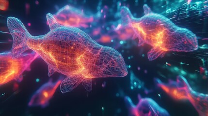 Obraz premium A strange virtual reality world where animals are made of neon wireframes, and gravity flows in all directions, Unconventional, Sci-fi, Surreal, Psychedelic Hues